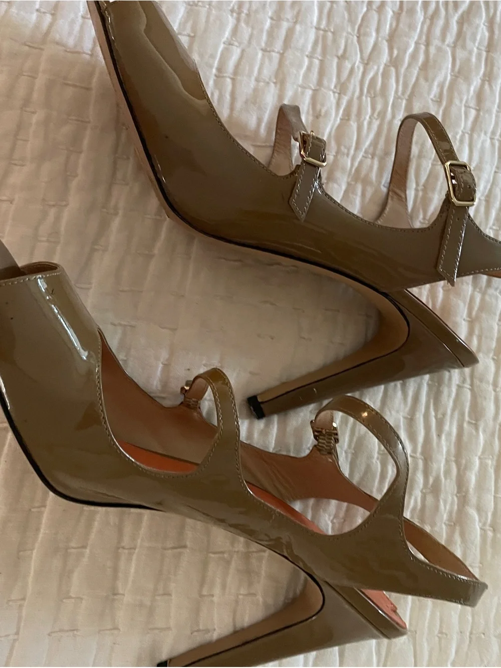 Via Spiga Taupe Patent Slingback Heels with Orange Insoles